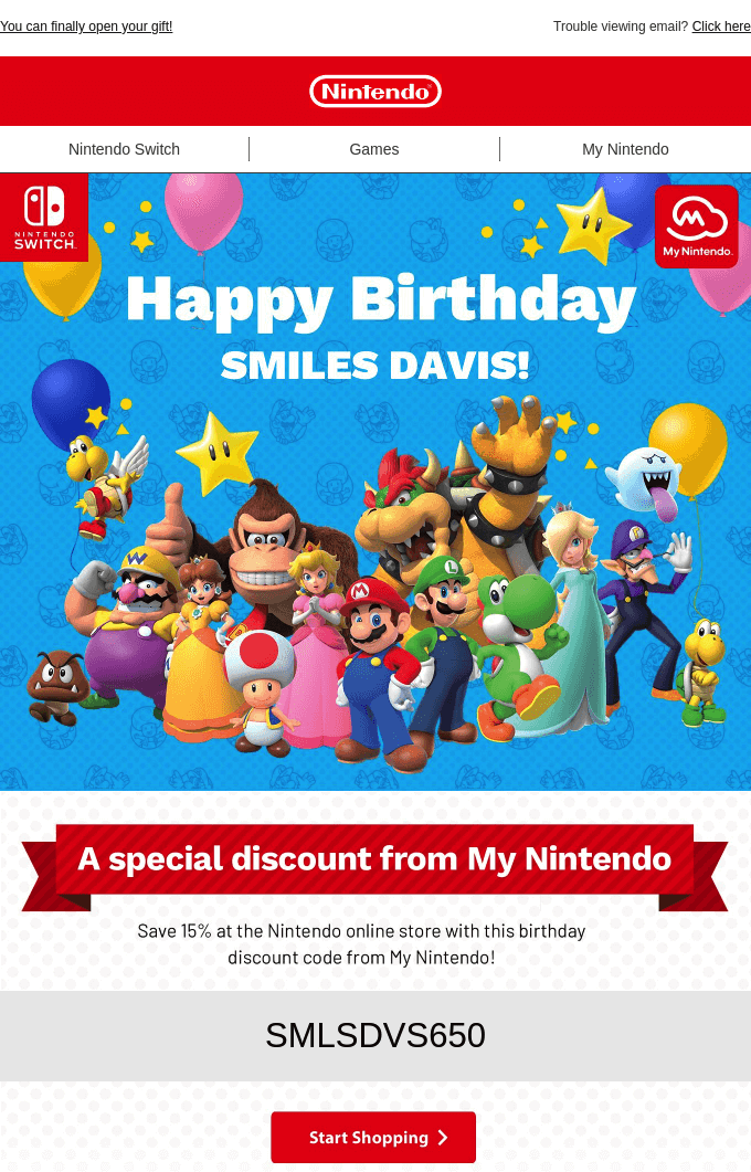 Nintendo birthday email campaign with discount