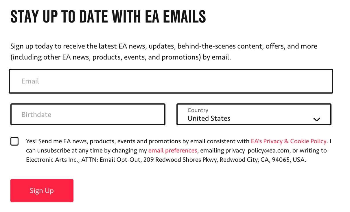 Consent form example from EA