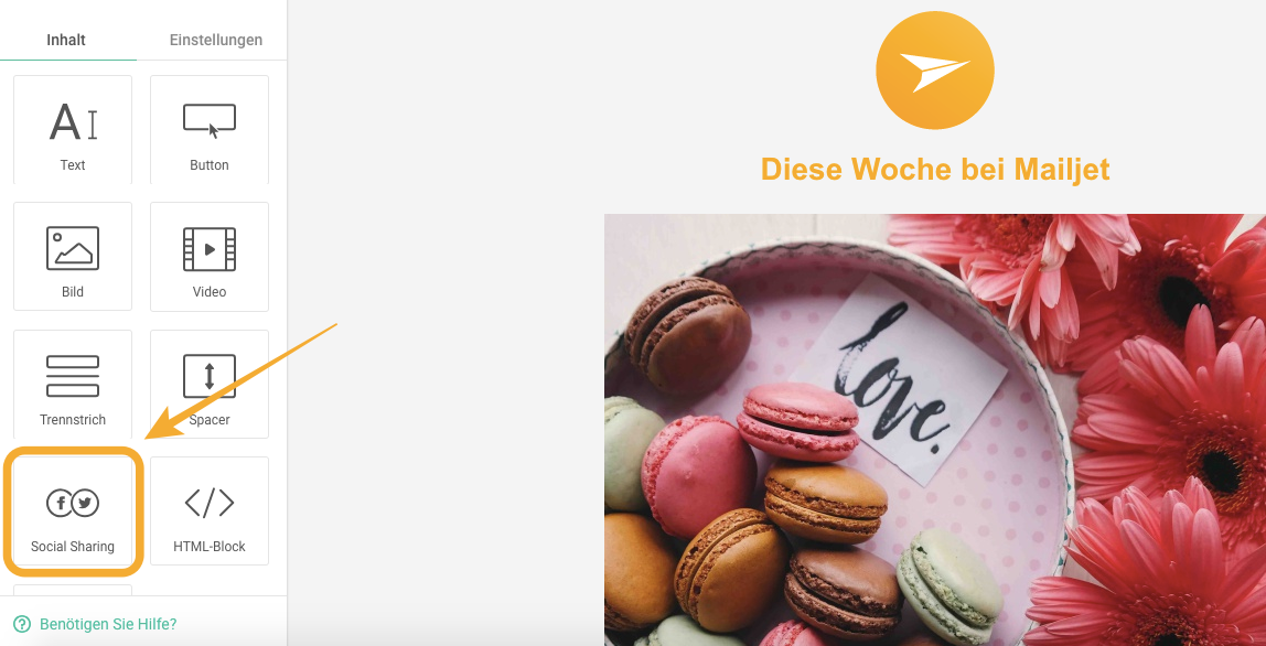 Der Social Media Button in Mailjets E-Mail Editor 