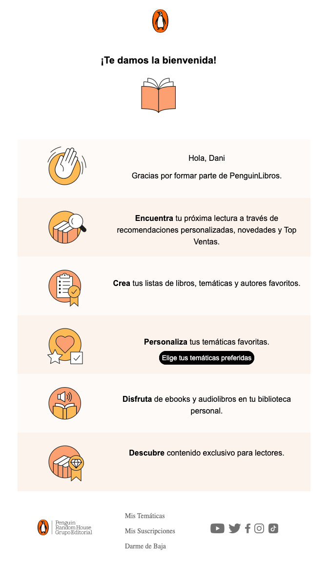 Email de bienvenida de Penguin Random House Grupo Editorial, con pasos claros a seguir.