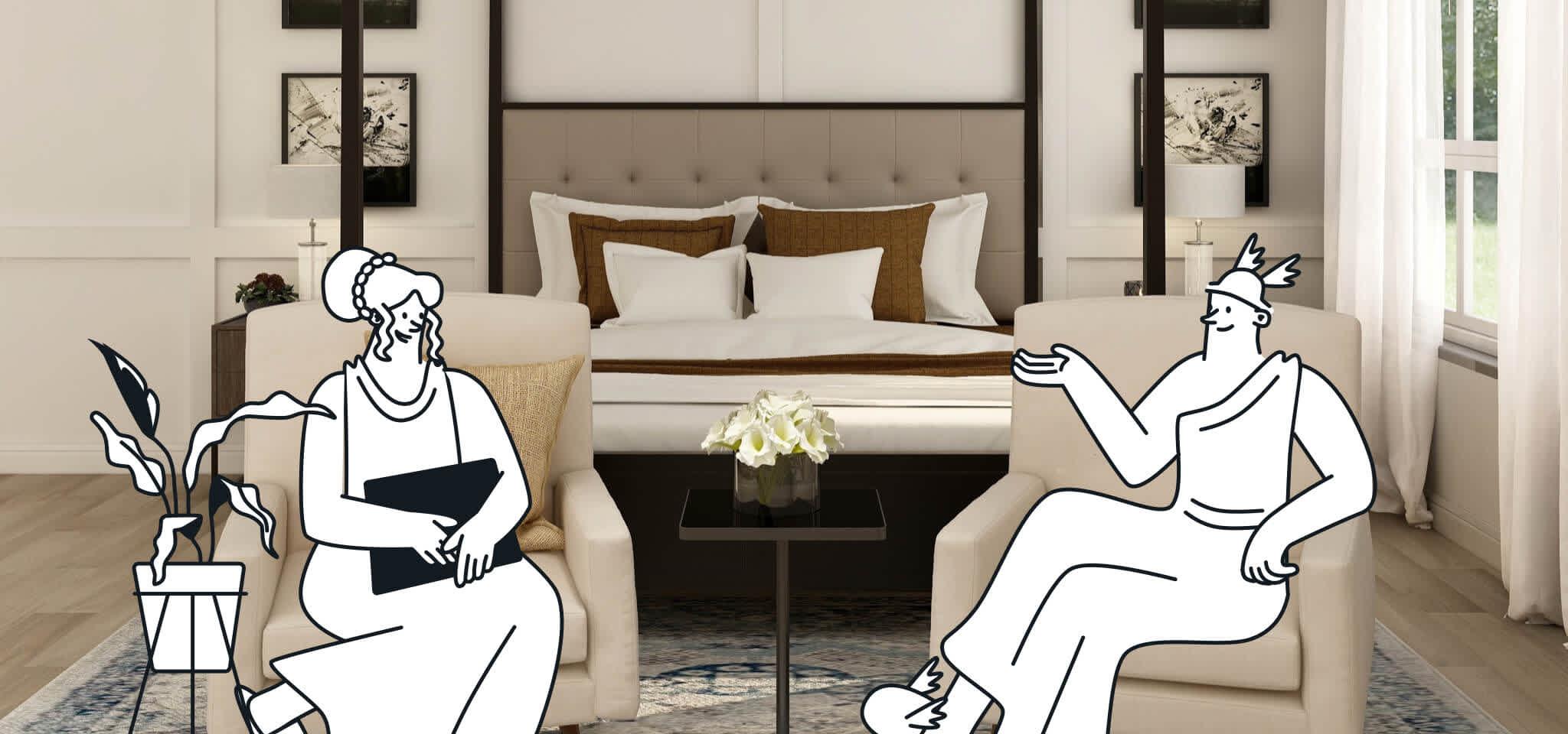 Hermes and a Goddess have a chat in a bedroom