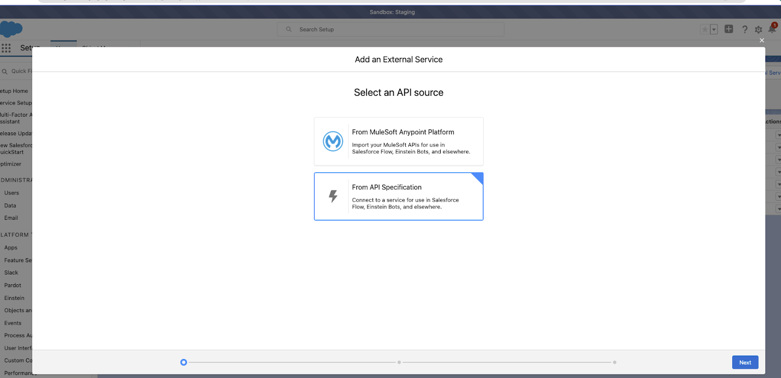 Selecting an API source window