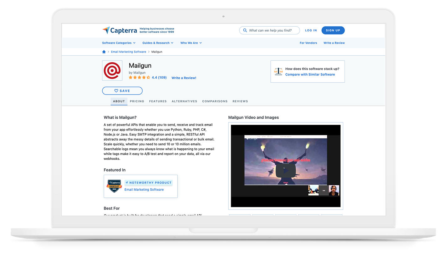 Capture d’écran du score moyen des avis que Mailgun a reçu sur Capterra.
