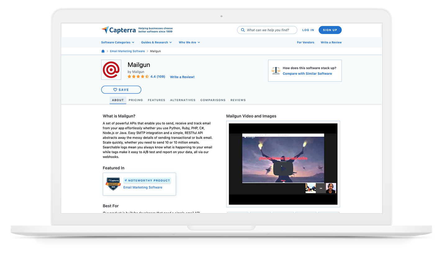 A screenshot of the average score Mailgun received from Capterra's reviews.