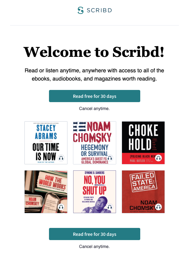 Scribd welcome email with images of books