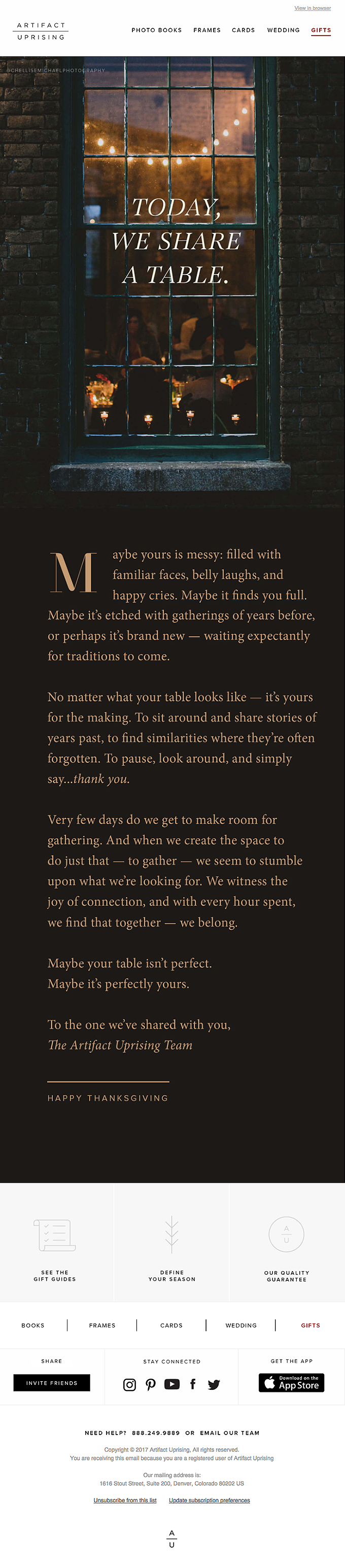 Dark mode email with background peering through house window