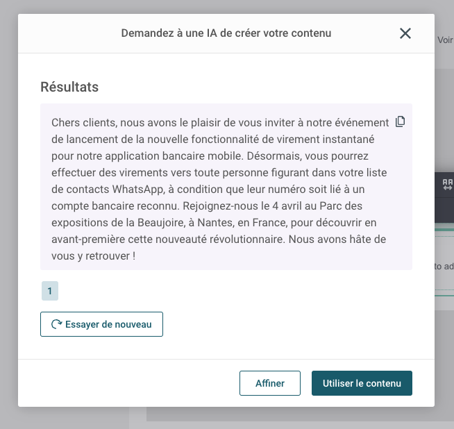 Exemple d’invitation à un événement généré par IA à partir du générateur de texte de Sinch Mailjet