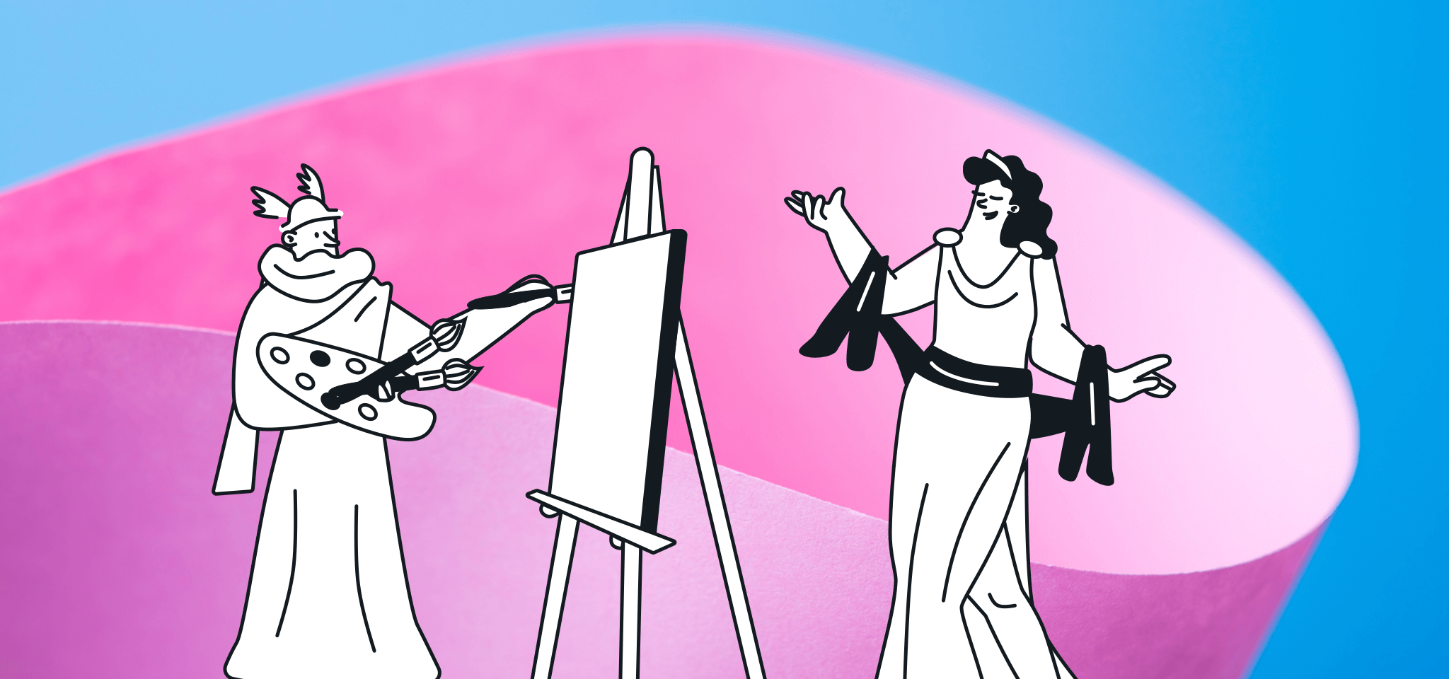 Hermes malt eine Göttin auf rosa und blau