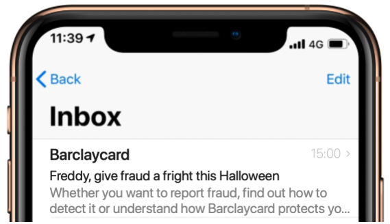 Email from Barclaycard with the title “Freddy, give fraud a fright this Halloween”.
