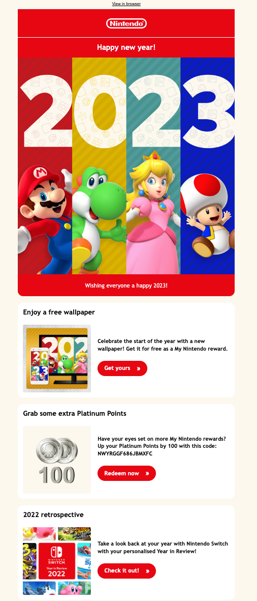 Email de Nintendo felicitando el año.