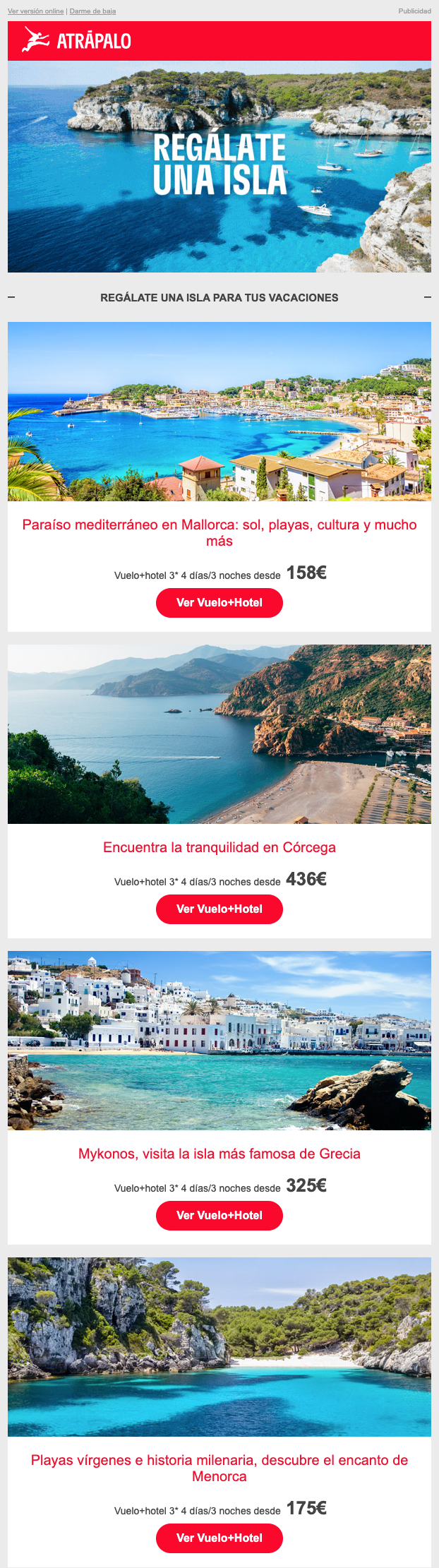 Un correo electrónico con un catálogo de destinos veraniegos de Atrápalo.