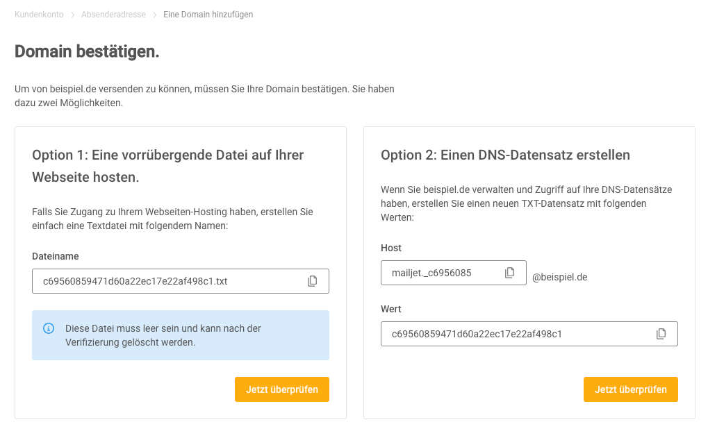 Beispiel: Bestätigung einer Domain 