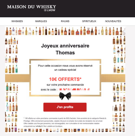 Email d'anniversaire de La Maison du Whisky contenant une remise