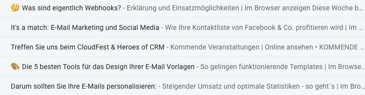 Beispiele für E-Mail-Betreffzeile und Preheader im Posteingang.