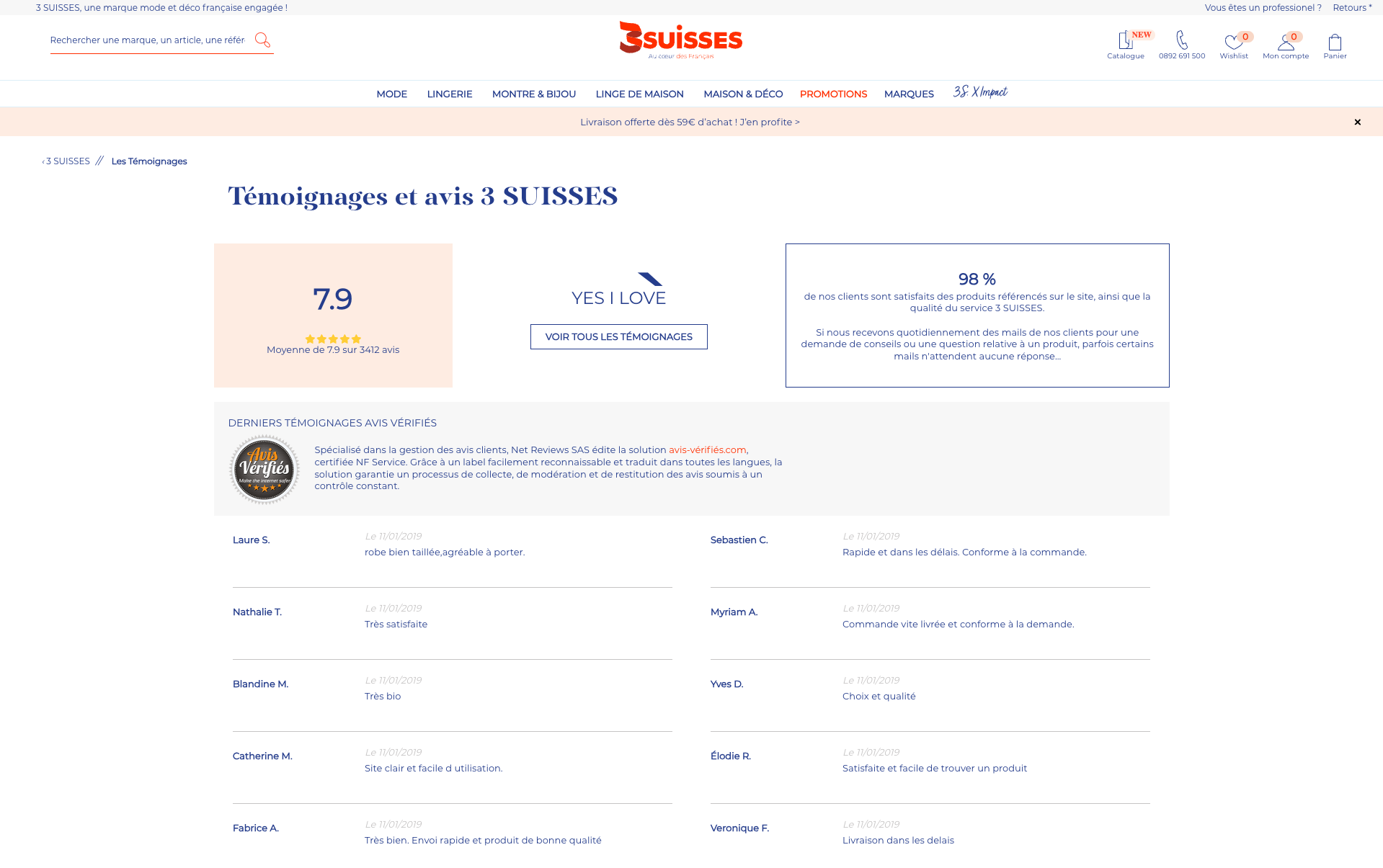 Capture de la landing page de témoignages des 3 Suisses