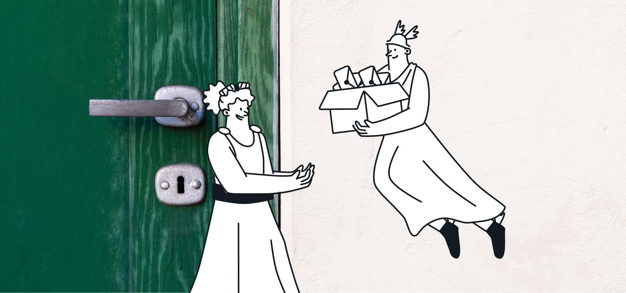 Hermes entrega correo a una diosa junto a una puerta verde