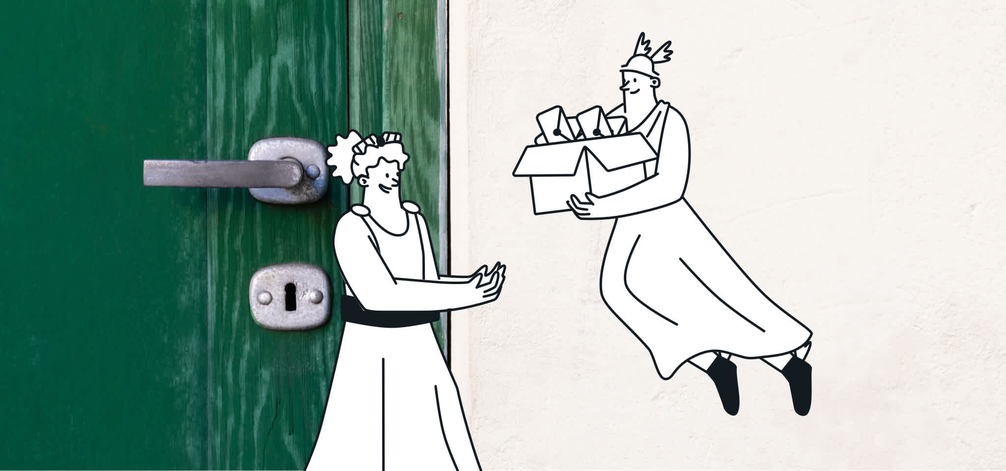 Hermes delivers mail to a Goddess by a green door