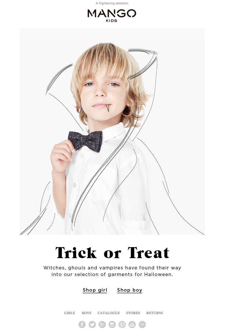 Halloween email featuring kid wearing trick-or-treating outfit.