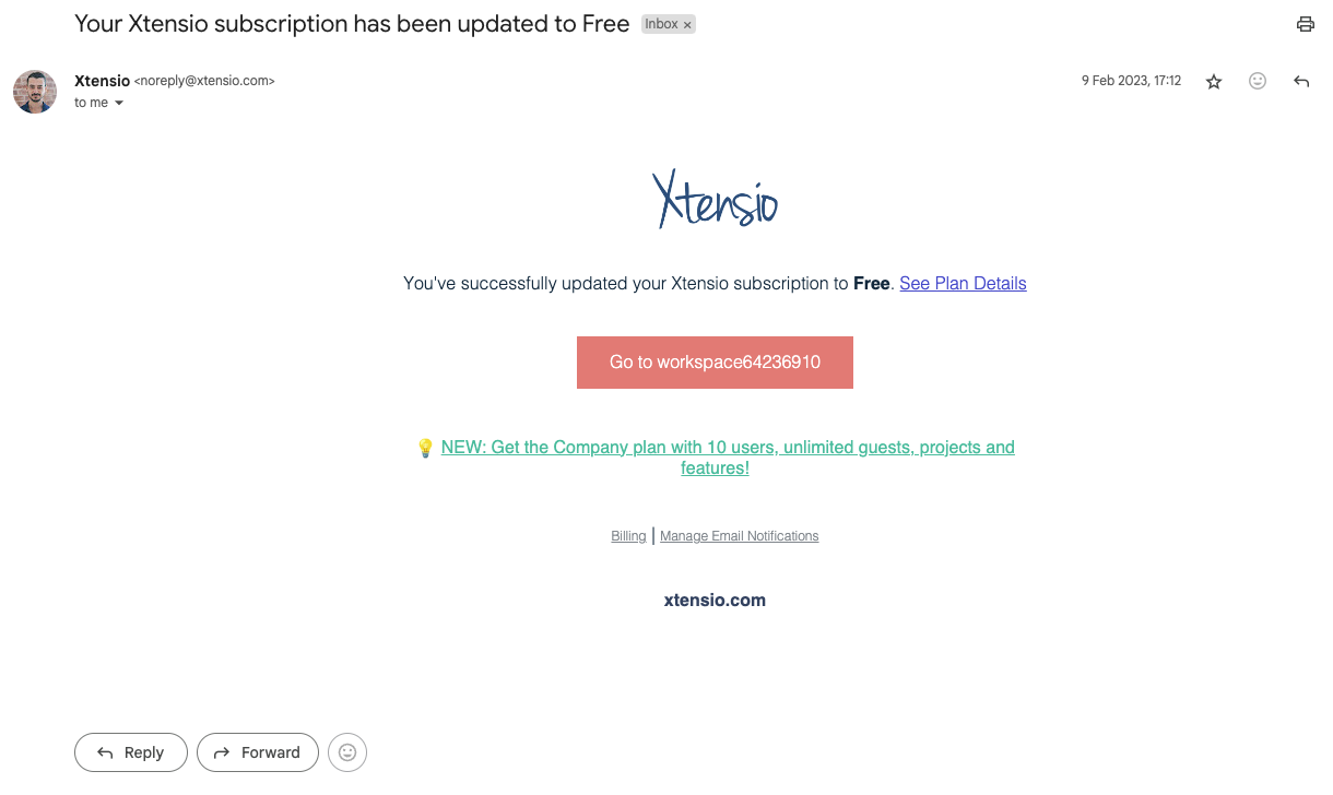 Example of a service subscription noreply email