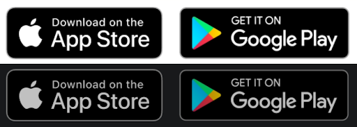 App Store and Google Play buttons on light and dark backgrounds