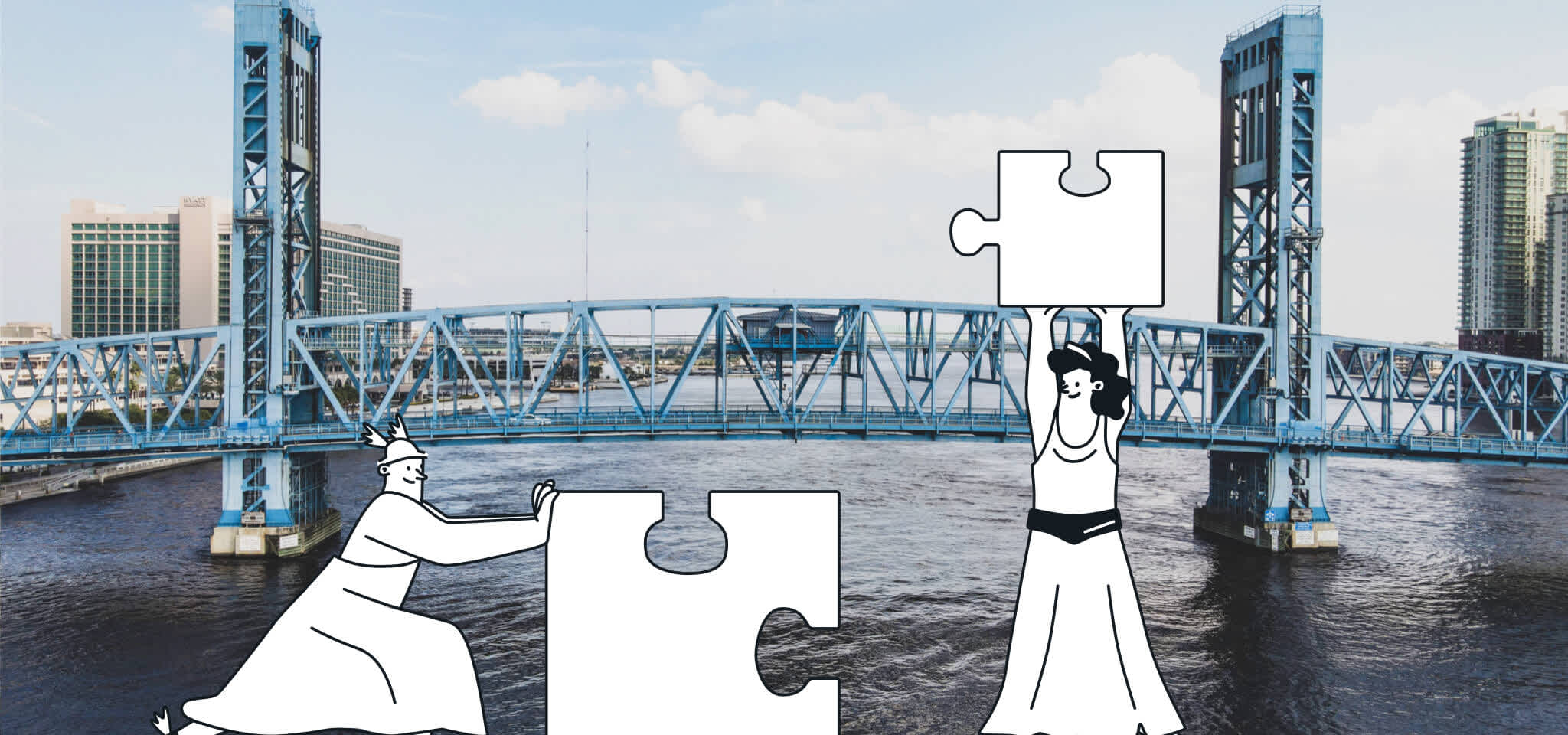 Hermes and a Goddess try to put two puzzle pieces together in front of a bridge