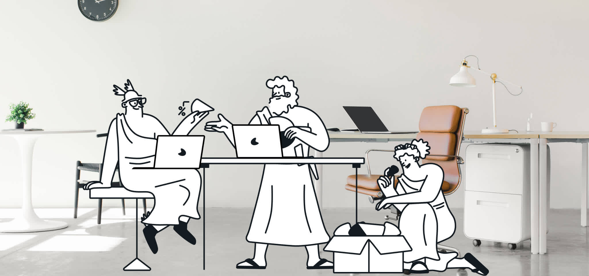 Hermes and two other gods sorting out figures in an office