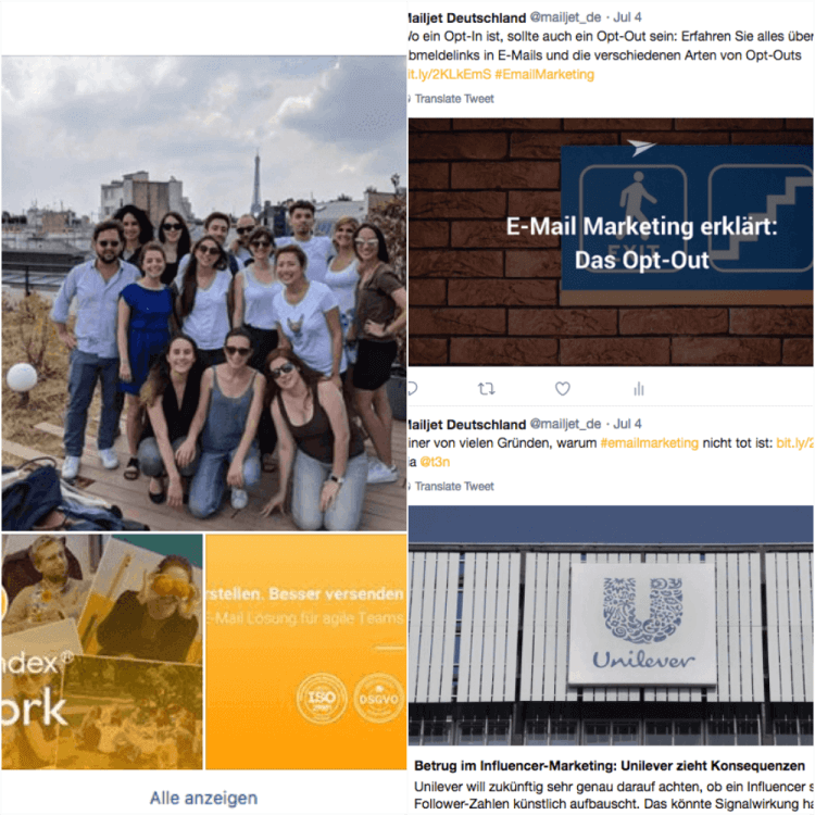 Beispiele für Newsfeed Inhalte auf Facebook und Twitter bei Mailjet, die man nicht im Newsletter erhält