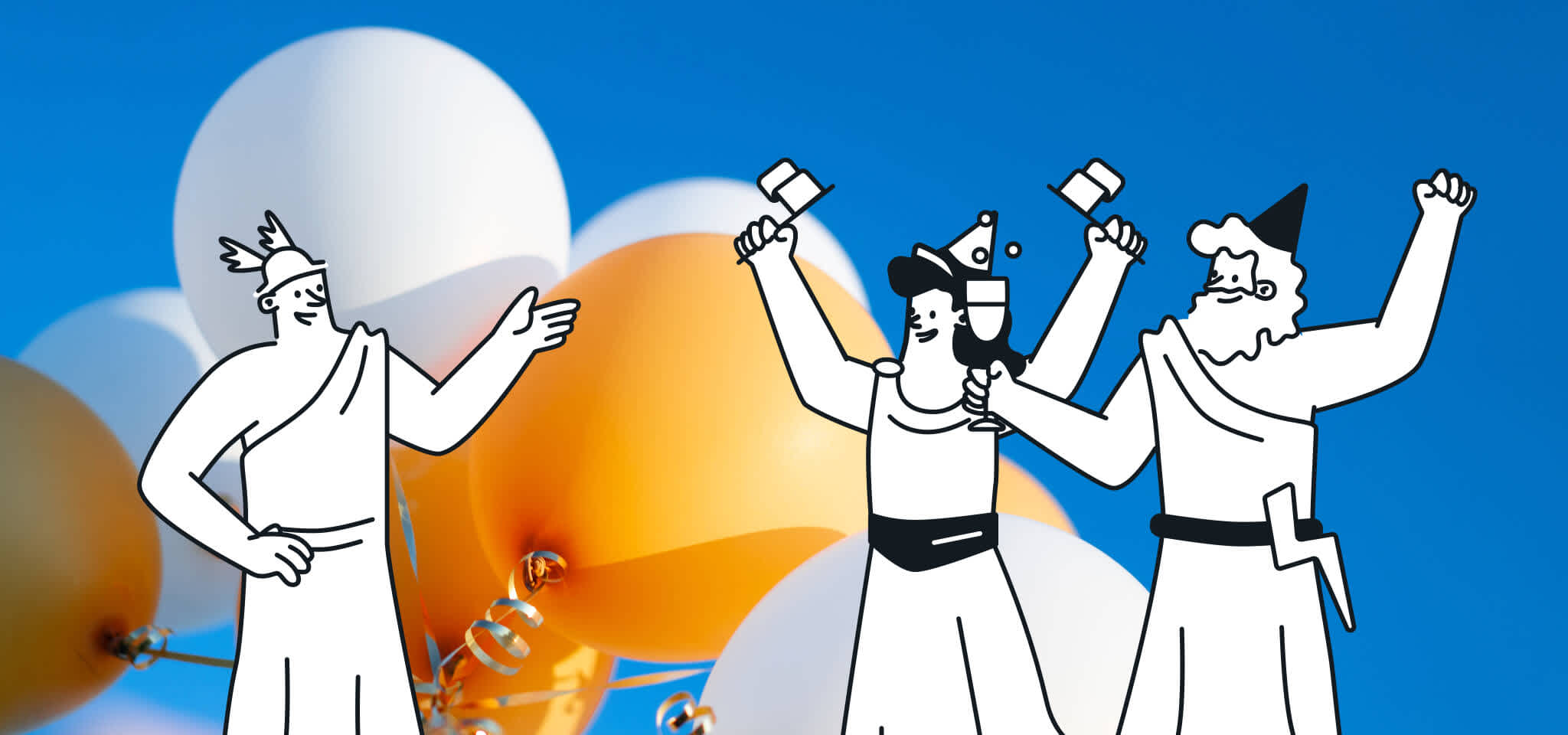 Gods celebrating in front of balloons