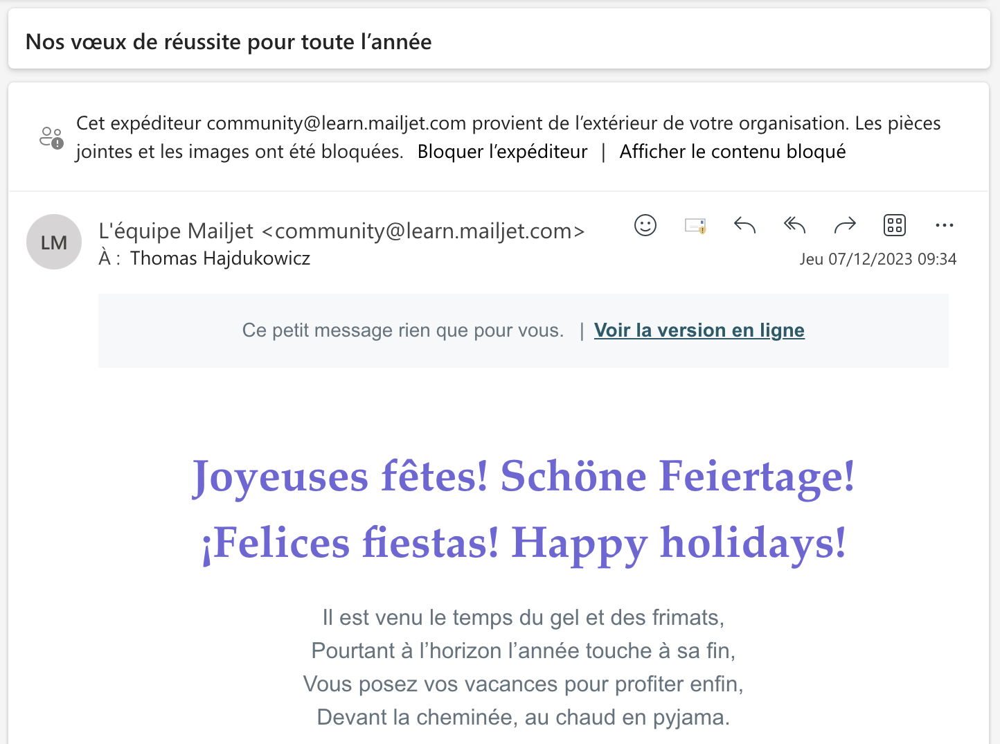 Capture d’écran de l’email envoyé par Mailjet pour souhaiter de joyeuses fêtes à ses abonnés
