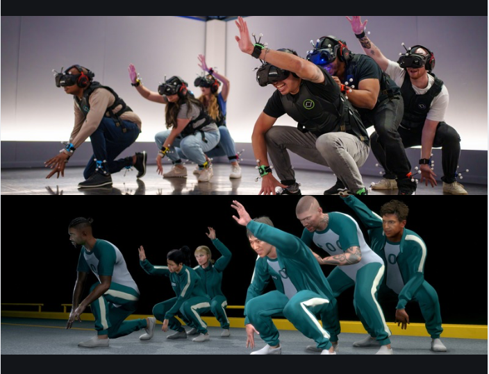 A split screen image showing a group of friends playing a VR experience with their digital characters doing the exact same movements. 