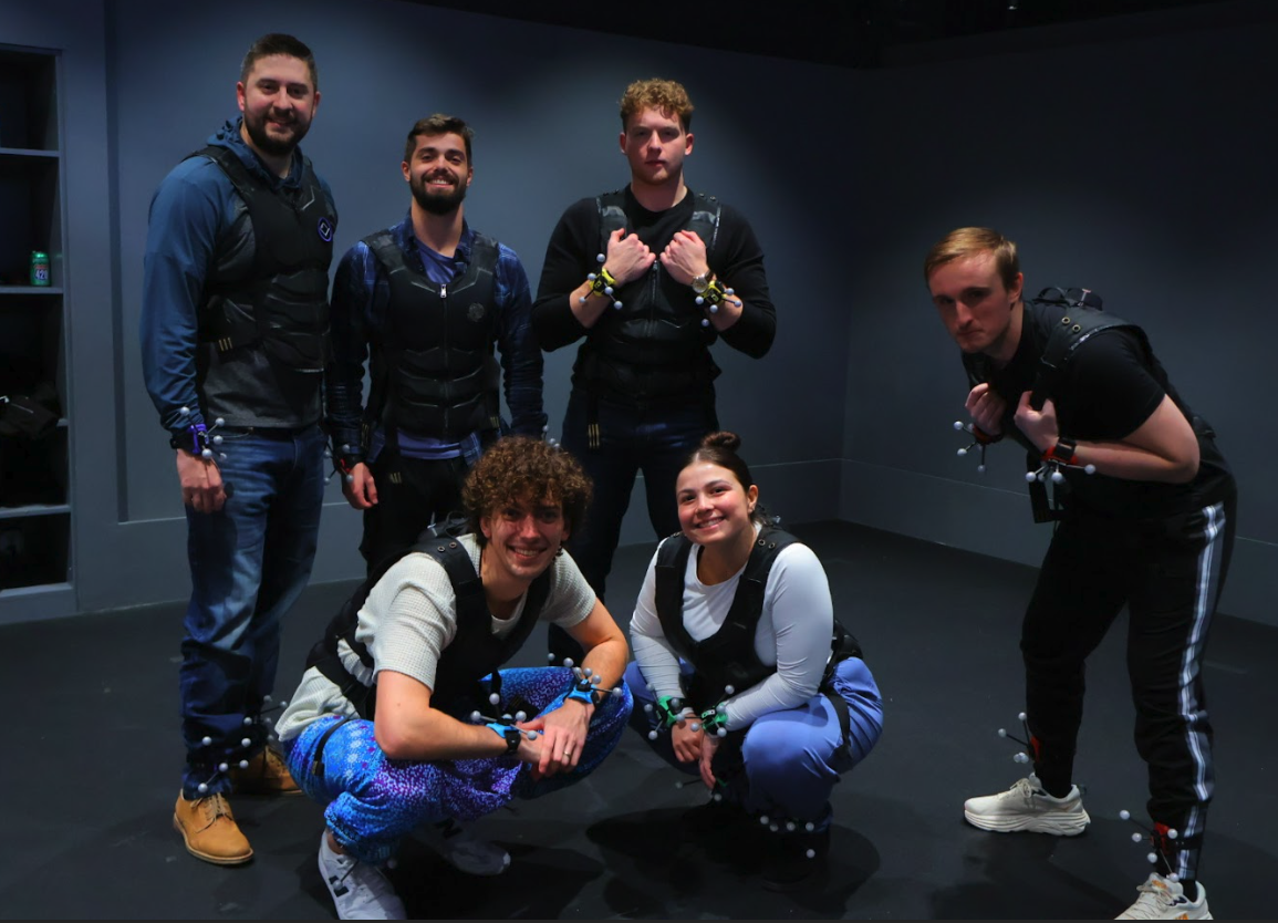 Group of friends having fun in VR gear.