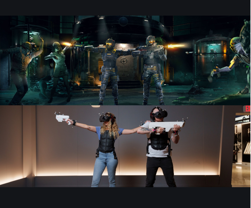 Split screen image, with one half of the screen showing characters inside a VR experience, and the other half showing the people playing in their VR gear. 
