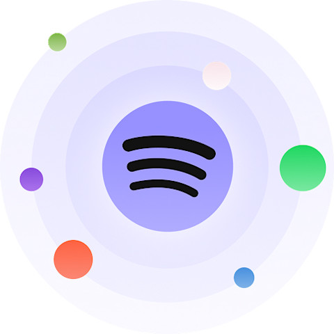 Spotify logo centered in a circular orbit graphic with colorful dots
