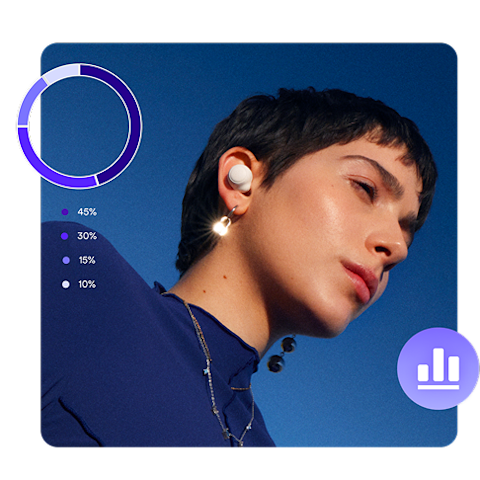 Person wearing a wireless earbud with audience analytics chart overlay