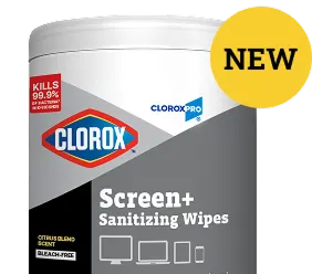 Screen Wipes canister with a yellow circle with the word "New" inside