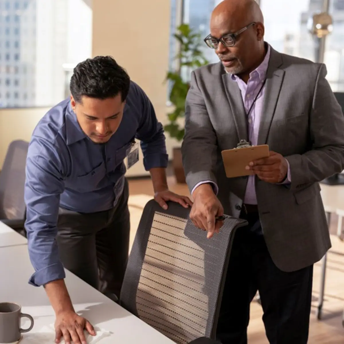 Two mean standing next to a desk in an office. One man is using a wipe to clean the desk.