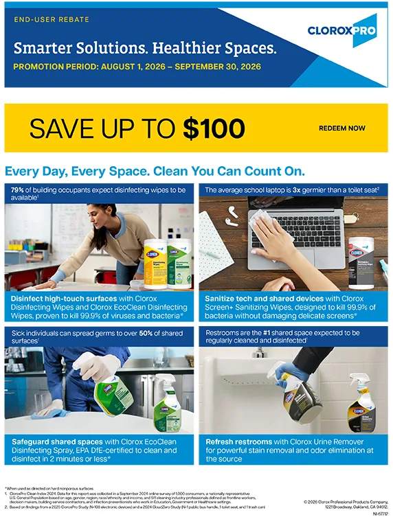 CloroxPro end-user rebate promotion featuring cleaning solutions for shared spaces