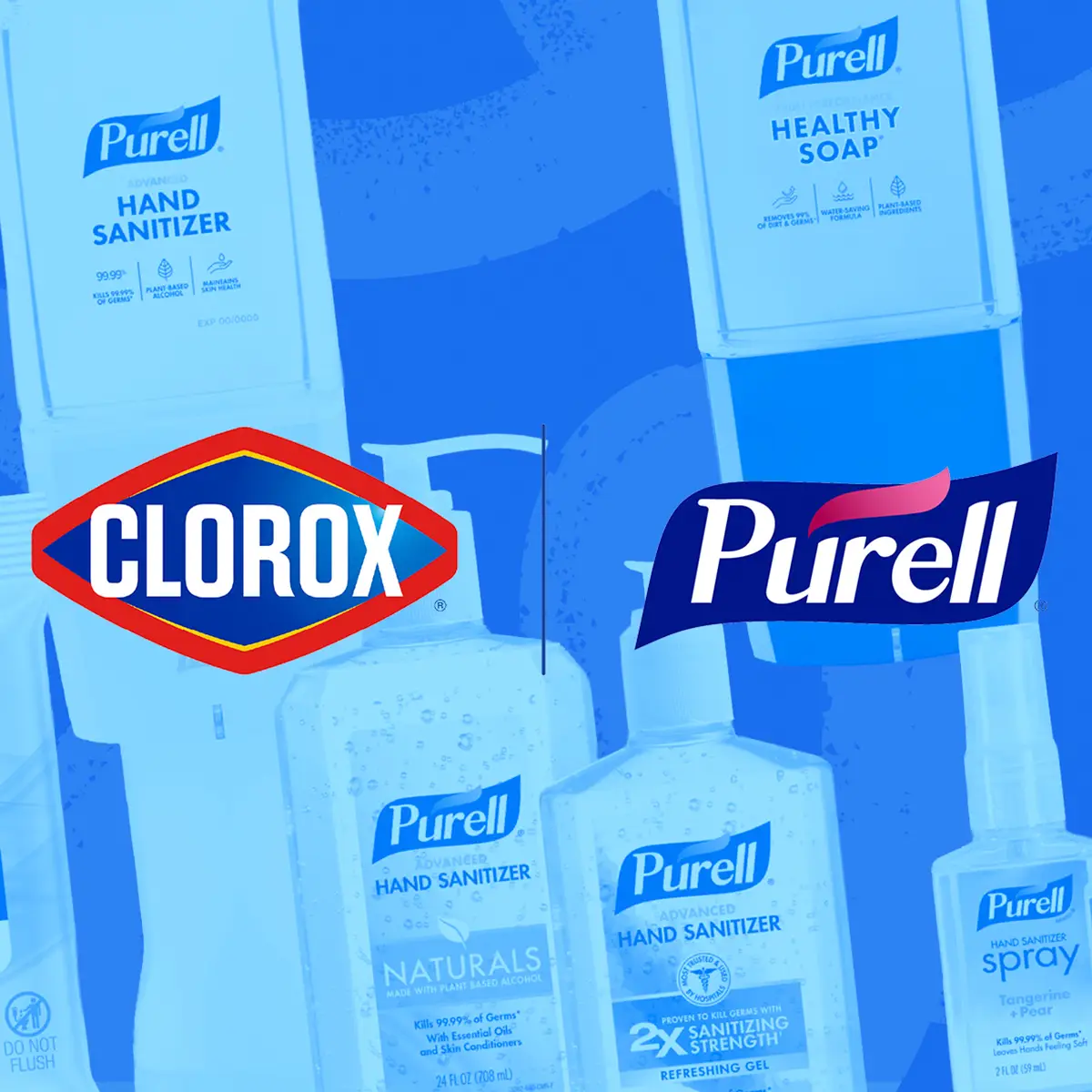 Purell products in duotone blue with Clorox and Purell logos overlay