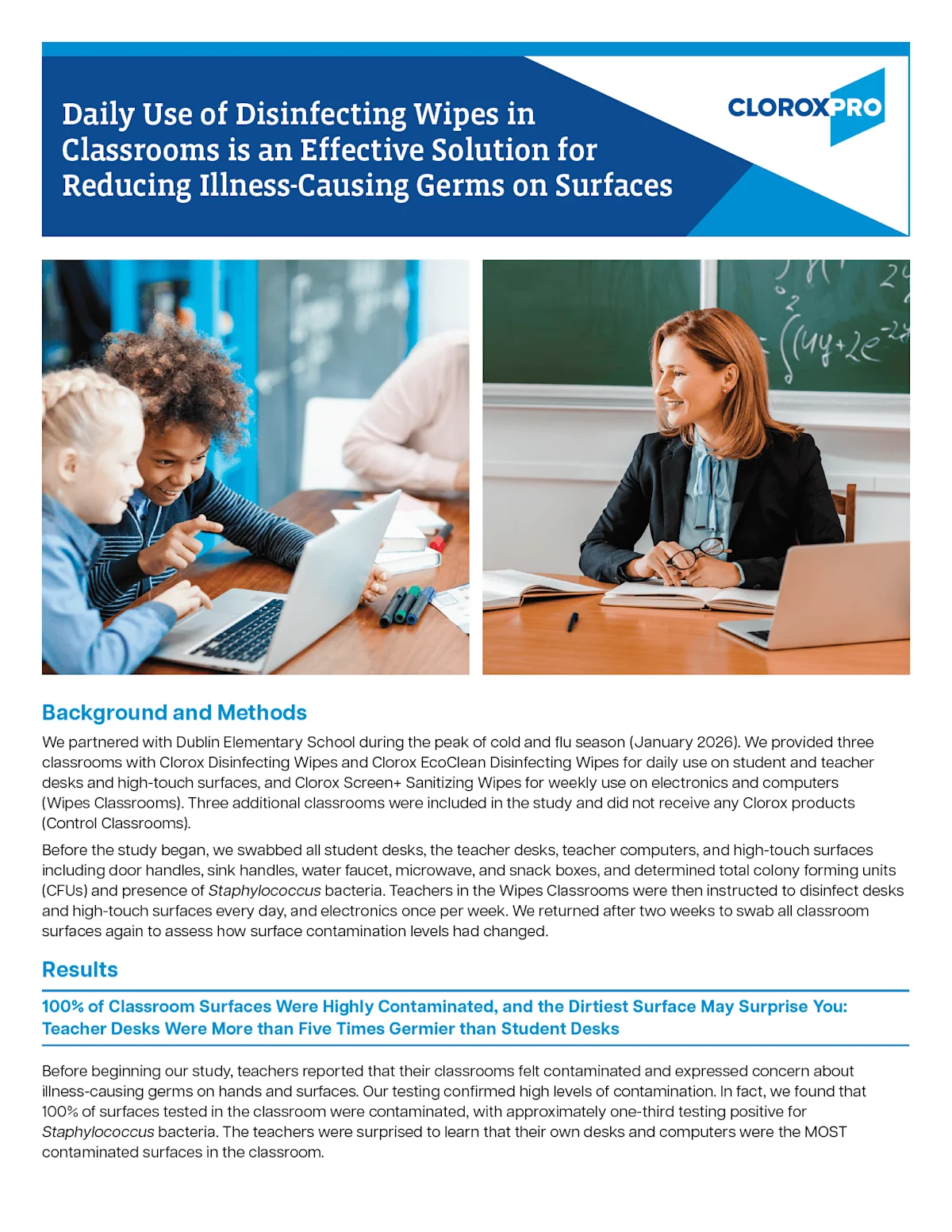 The cover of the cleaning wipes resource with children sitting at a desk in front a laptop and a teacher observing them.