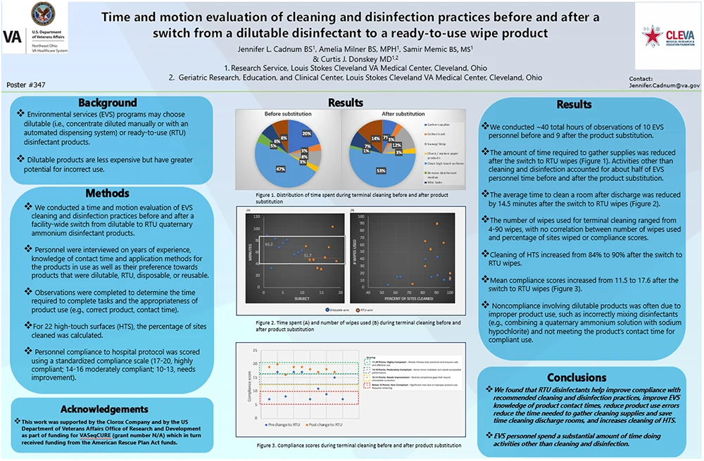 An infographic showing the time and motion evaluation of cleaning and disinfection practices from a dilutable disinfectant