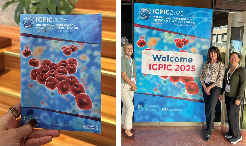 Side by side images of the program from ICPIC 2025 and the author and colleagues standing next to the welcome sign at the conference.
