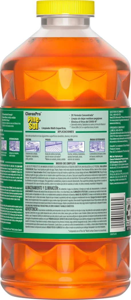 Back label of 80 oz plastic bottle with yellow cap filled with pine scented gold colored liquid cleaner