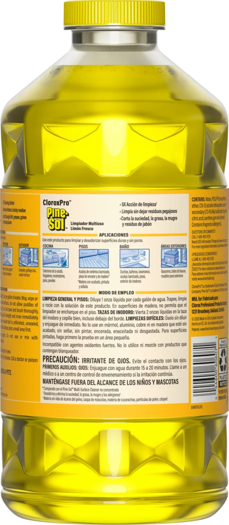 Back label of 80 oz plastic bottle with yellow cap filled with lemon scented yellow colored liquid cleaner