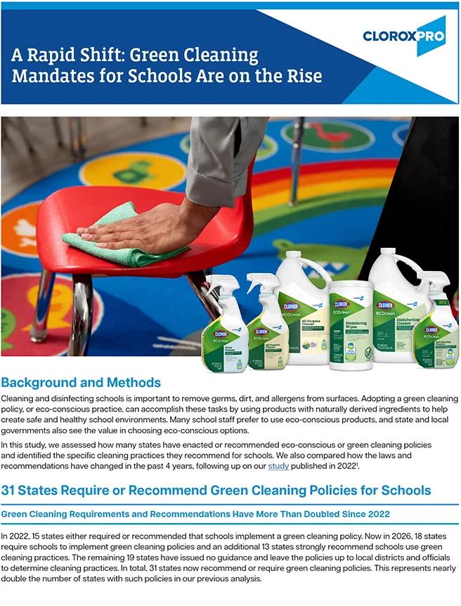 The cover of the cleaning resource showing a person wiping down a colorful plastic chair