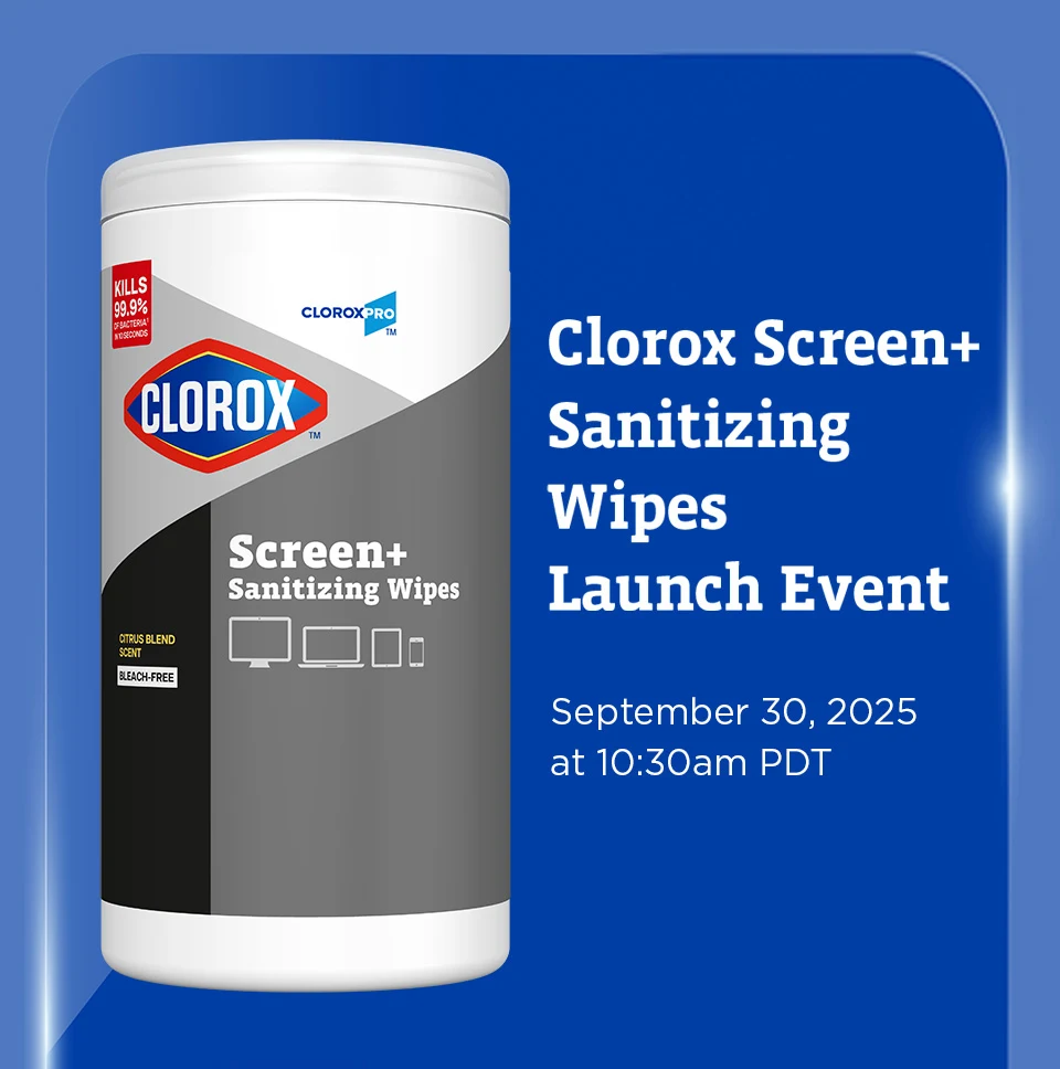 Container of Clorox Screen+ Sanitizing Wipes on a blue background announcing the Launch Event on September 30