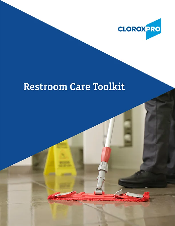 Cover for the pdf Restroom Care Tooikit showing a person with an orange mop mopping a tile floor