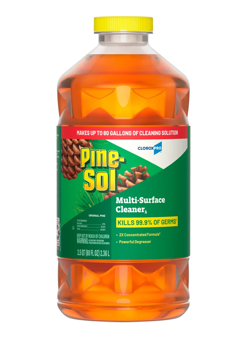 80 oz plastic bottle with yellow cap filled with pine scented gold colored liquid cleaner