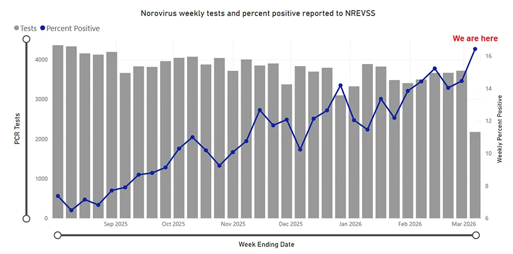 A graph of norovirus cases in the US from September 2026 to March 2026