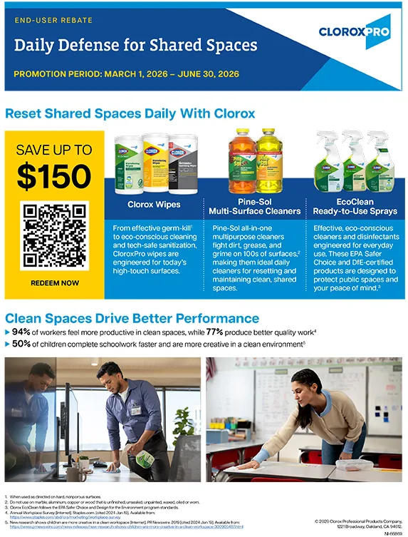 Cover of the Daily Defense for Shared Spaces rebate form showing products and people cleaning with the products