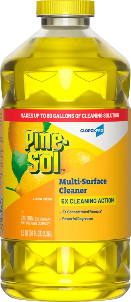 80 oz plastic bottle with yellow cap filled with lemon scented yellow colored liquid cleaner